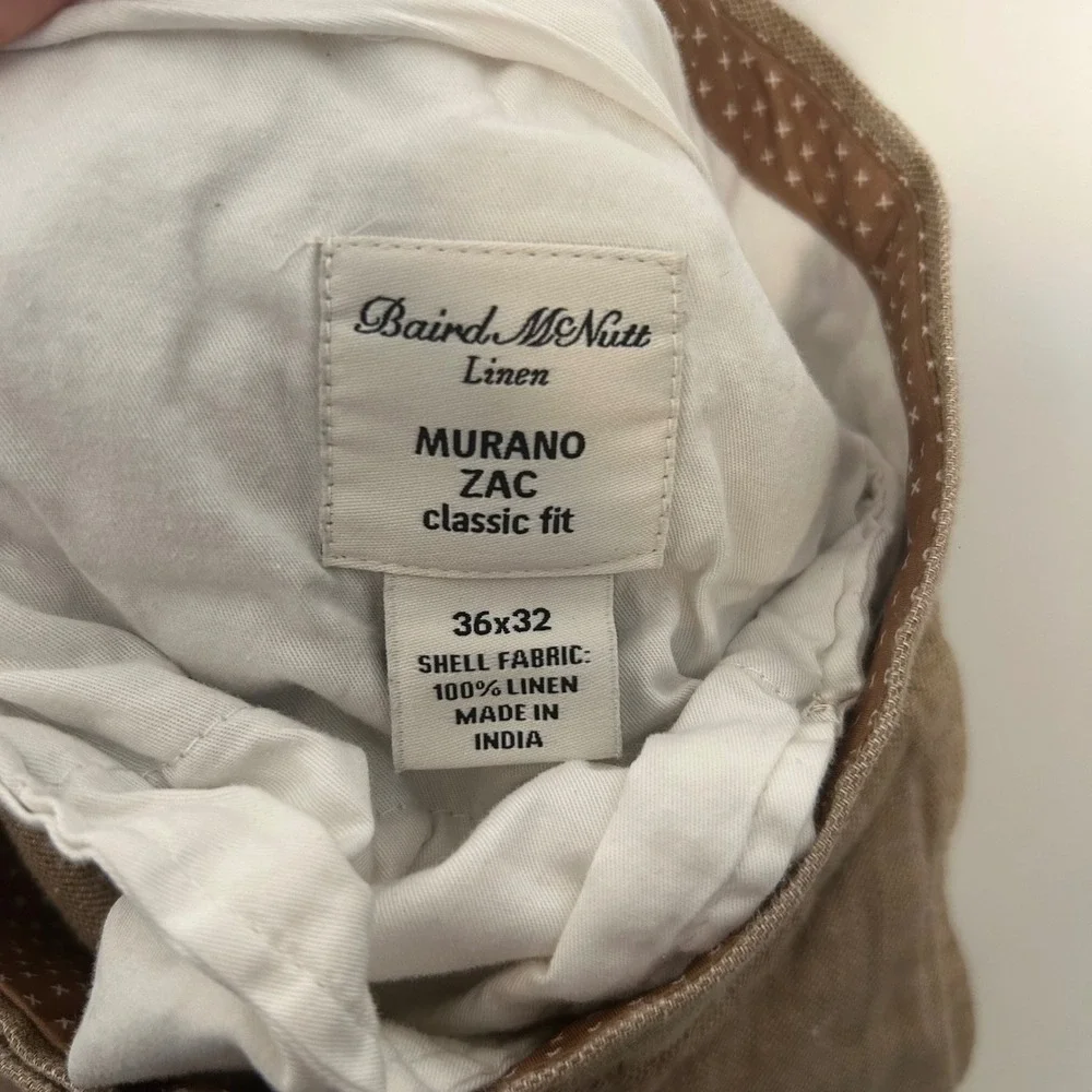 Baird Mcnut Tan Linen Murano Zac classic fit Men's 36x32 tan pants slacks preppy